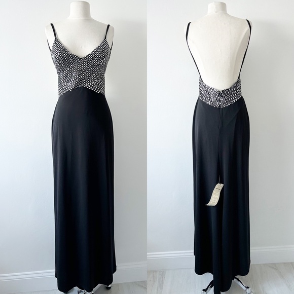 Vintage NEW Deadstock Cache Sequin Beaded Low Back Black Gown Dress Size 4 - Picture 1 of 12